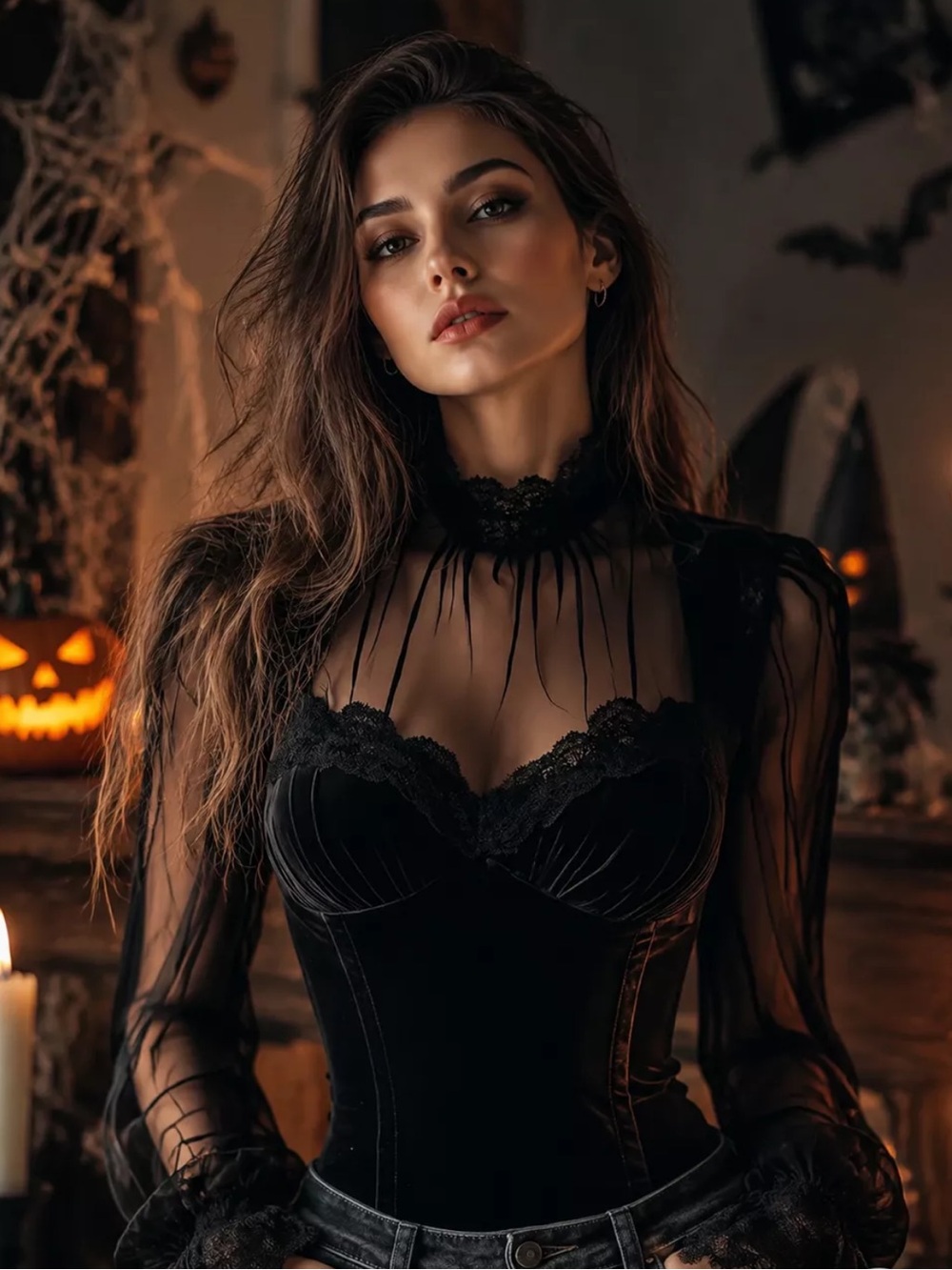 ⭐️Black Lace Trim Velvet Sheer Sleeve Blouse